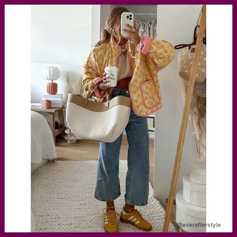 Cropped Puffer Quilted Jacket Vintage Floral Print Open Front Lightweight Y2K - Picture 3 of 8